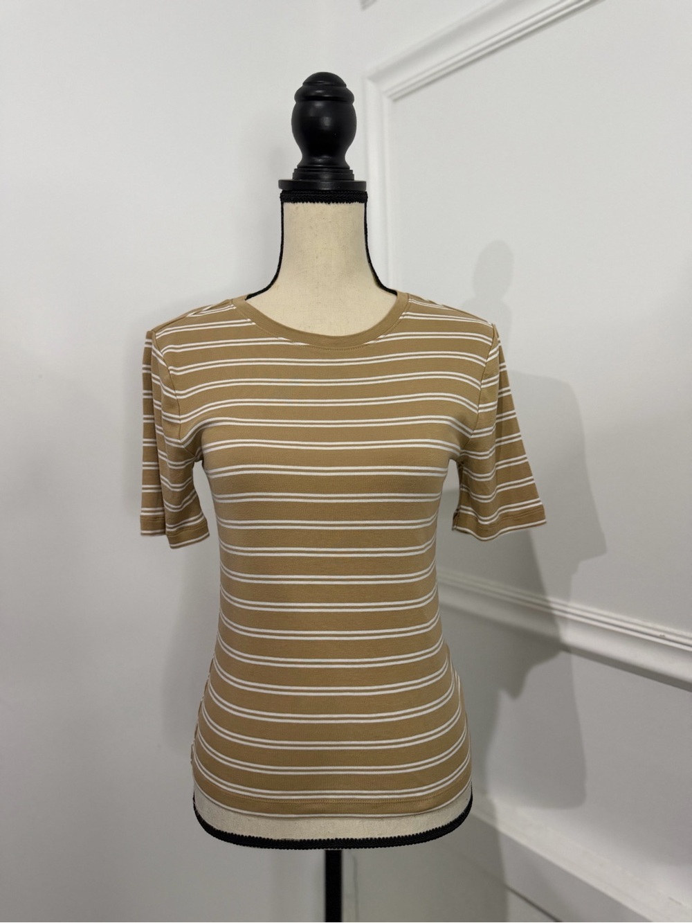 GAP Tan and White Striped Crewneck Short Sleeve Tee